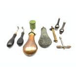 Shooting accessories including copper and brass powder flask 'Sykes Patent', similar pewter flask,