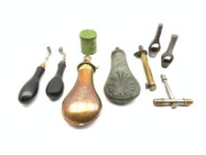 Shooting accessories including copper and brass powder flask 'Sykes Patent', similar pewter flask,