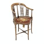 Edwardian inlaid mahogany serpentine salon chair, needlework upholstered seat panel,