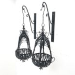 Pair black finish metal wirework hanging baskets with brackets, W47cm,