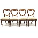 Set four Victorian mahogany balloon back dining chairs, with drop in upholstered seat pads,