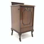 Edwardian mahogany coal purdonium with panelled fall front, raised on castors,