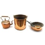 Copper kettle with acorn shaped finial, riveted copper coal bucket,