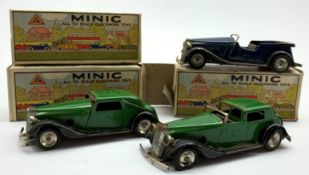 Three Tri-ang Minic clockwork tin-plate cars - Vauxhall Cabriolet,