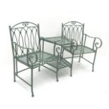 Lovers metal framed bench, two tier adjoining table, duck egg blue finish, W153cm, H90cm,