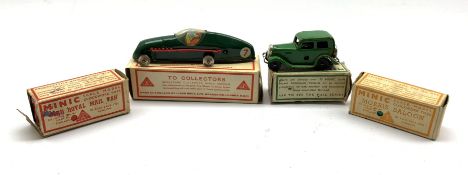 Four Tri-ang Minic clockwork models - tin-plate racing car 13M and Ford Saloon together with