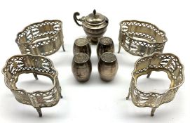 Various small silver items including set of four hallmarked silver shakers in the form of barrels