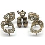 Various small silver items including set of four hallmarked silver shakers in the form of barrels