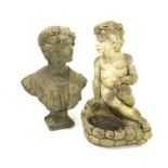 Composite stone bust of thoughtful lady, (H58cm) and a composite stone cherub bird bath,