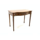 Georgian design mahogany serpentine side table, cross banded top over two frieze drawers,
