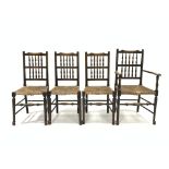 Set four (3+1) oak Lancashire spindle back chairs with string seats and turned supports and
