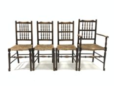 Set four (3+1) oak Lancashire spindle back chairs with string seats and turned supports and