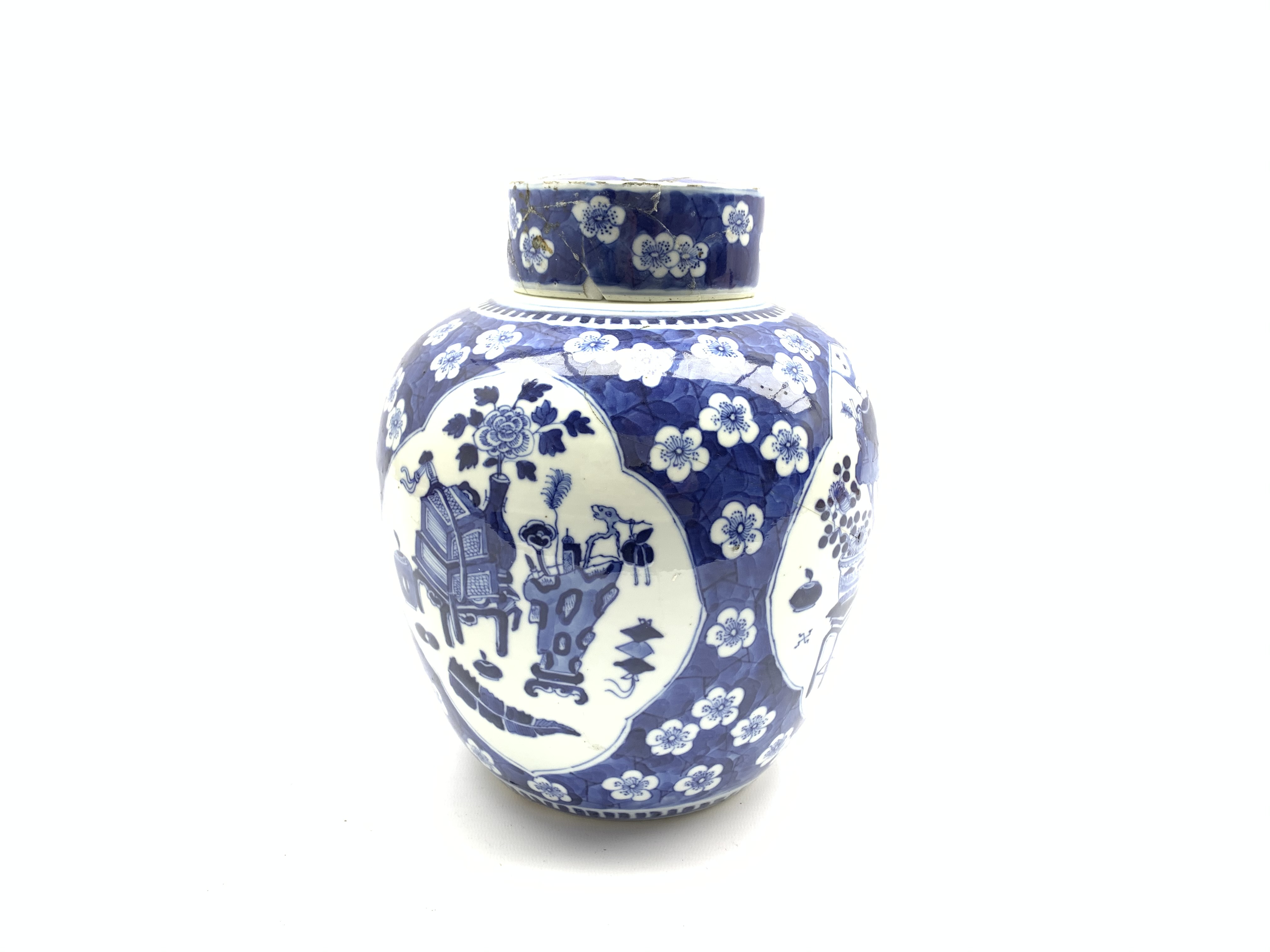 19th Century Chinese vase and cover decorated in blue and white with panels of precious things and - Image 3 of 5