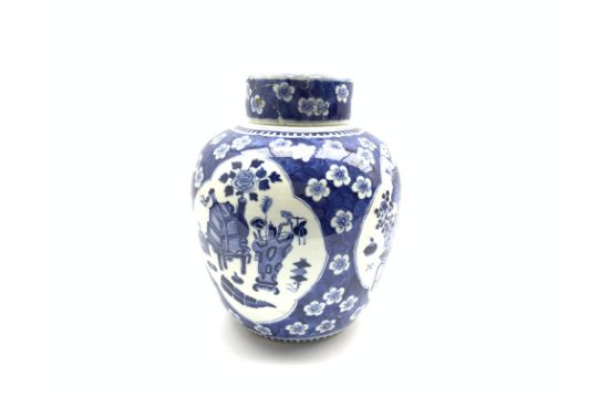 19th Century Chinese vase and cover decorated in blue and white with panels of precious things and - Image 3 of 5