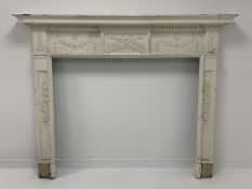 Late 19th century pine and gesso fire surround, decorated with dentil cornice,