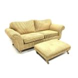 Kirkdale two seat sofa, upholstered in stripped green and yellow fabric, out scrolled arms,