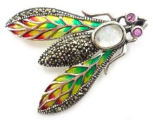 Silver moonstone, plique-a-jour and marcasite insect pendant brooch,