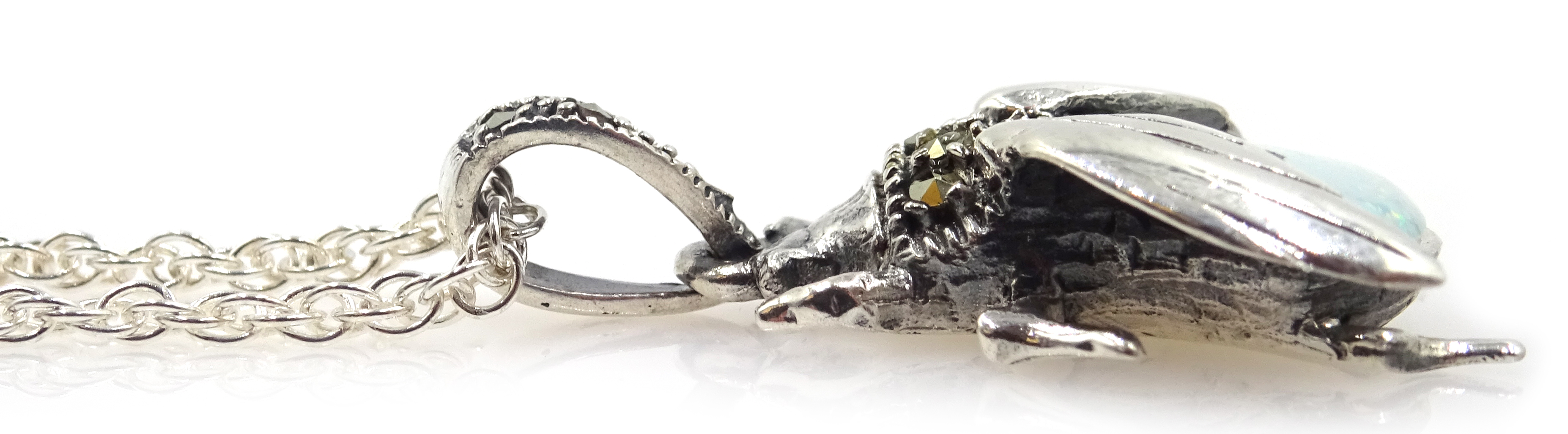 Silver opal and marcasite bug pendant necklace, - Image 2 of 2