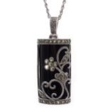 Silver black onyx and marcasite pendant necklace,