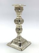 Late Victorian silver candlestick with embossed stem and square foot H18cm Birmingham 1899 Maker