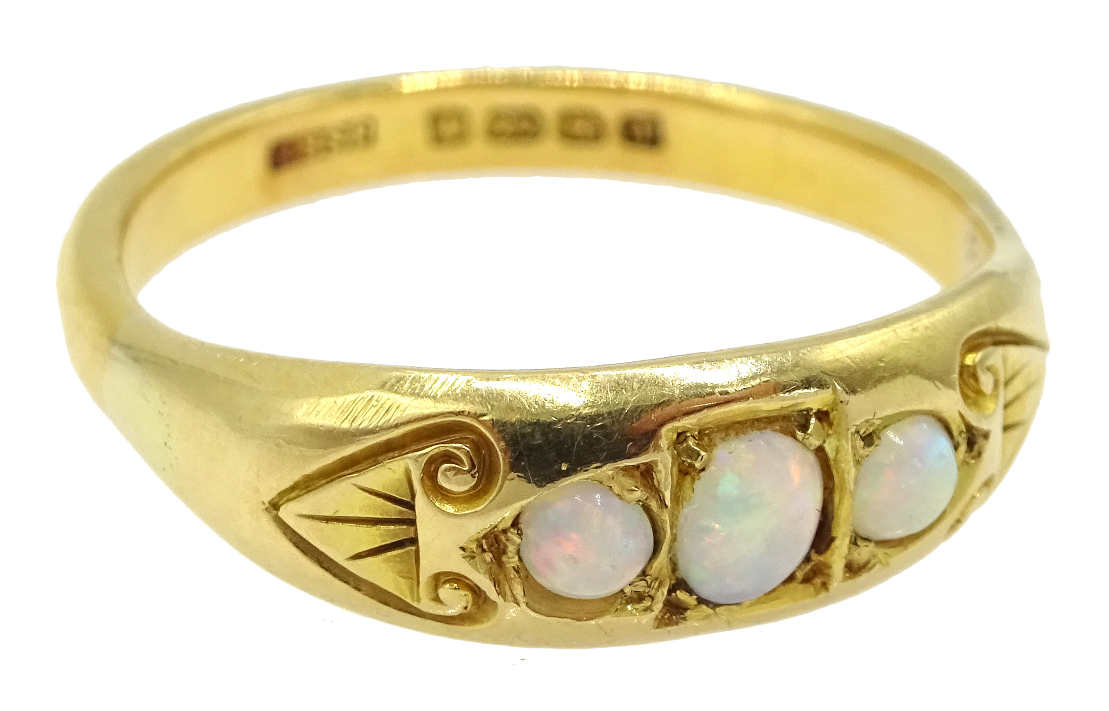 Early 20th century 22ct gold three stone opal ring, gypsy set by Kinsey Brothers & Patrick, - Image 2 of 3