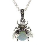 Silver opal and marcasite bug pendant necklace,