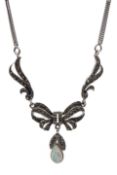 Silver opal and marcasite bow pendant necklace,