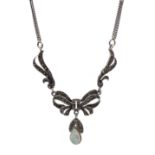 Silver opal and marcasite bow pendant necklace,
