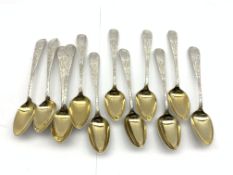 Set of twelve George III Scottish silver tea spoons with engraved stems and gilded bowls Edinburgh