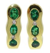 Pair of 18ct gold emerald and diamond hoop earrings,