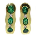 Pair of 18ct gold emerald and diamond hoop earrings,