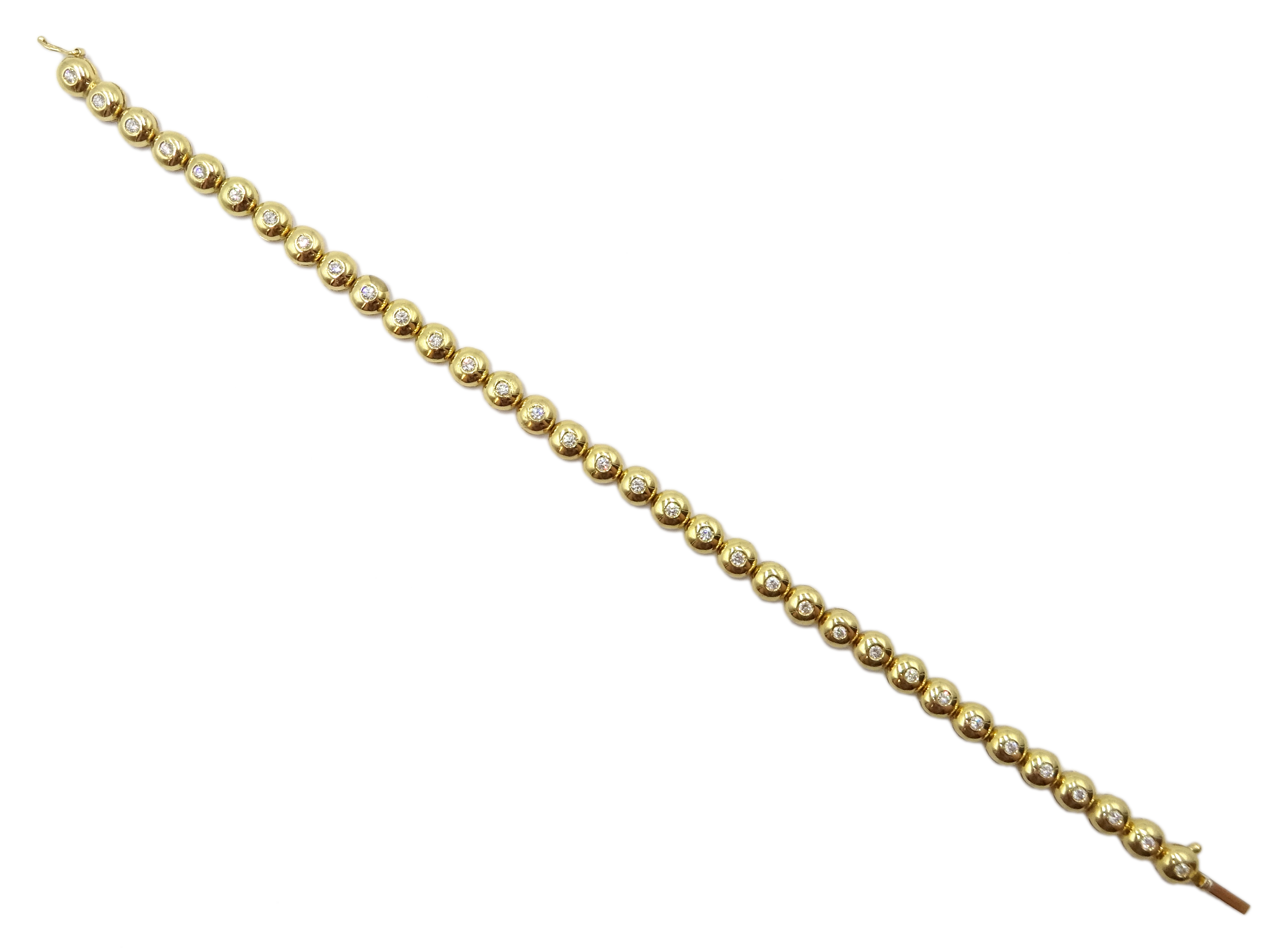 18ct gold rubover diamond line bracelet, stamped 750, total diamond weight 1. - Image 2 of 3