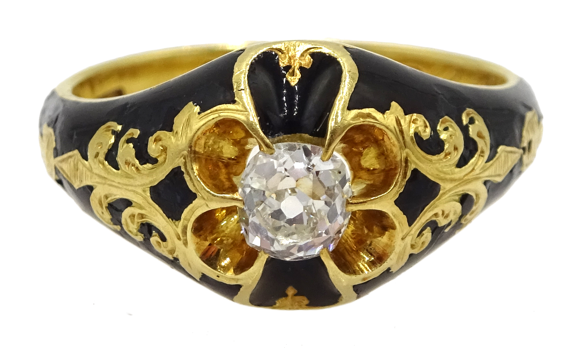 Victorian gold single stone diamond and enamel mourning ring,