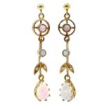 Silver-gilt opal pendant earrings,