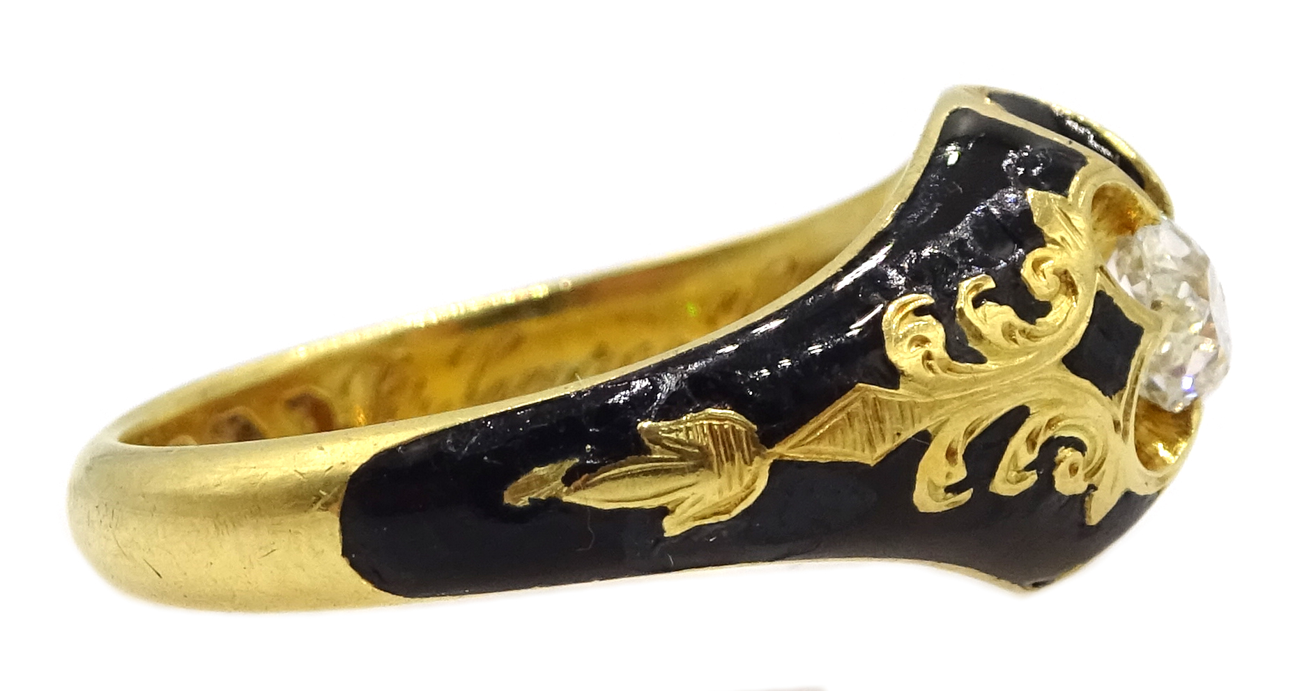 Victorian gold single stone diamond and enamel mourning ring, - Image 3 of 6