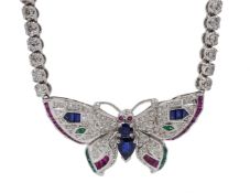 White gold diamond necklace with butterfly motif set with sapphire's rubies and emeralds,