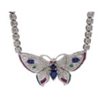 White gold diamond necklace with butterfly motif set with sapphire's rubies and emeralds,