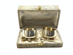 Pair of late Victorian silver circular salts and spoons with ball feet London 1895 Maker Hutton