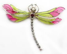 Silver plique-a-jour and marcasite dragonfly brooch,