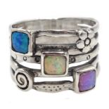 Silver and three stone opal ring,