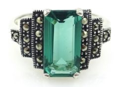 Silver marcasite and green stone stepped ring,