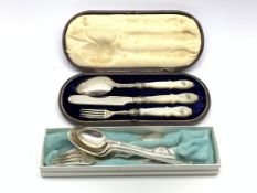Victorian silver bladed and mother of pearl three piece christening set engraved with initials and