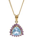 9ct gold blue topaz and amethyst cluster pendant necklace,
