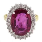 18ct gold ruby and diamond cluster ring hallmarked, ruby approx 4.