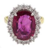 18ct gold ruby and diamond cluster ring hallmarked, ruby approx 4.