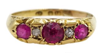 18ct gold five stone ruby and diamond ring,