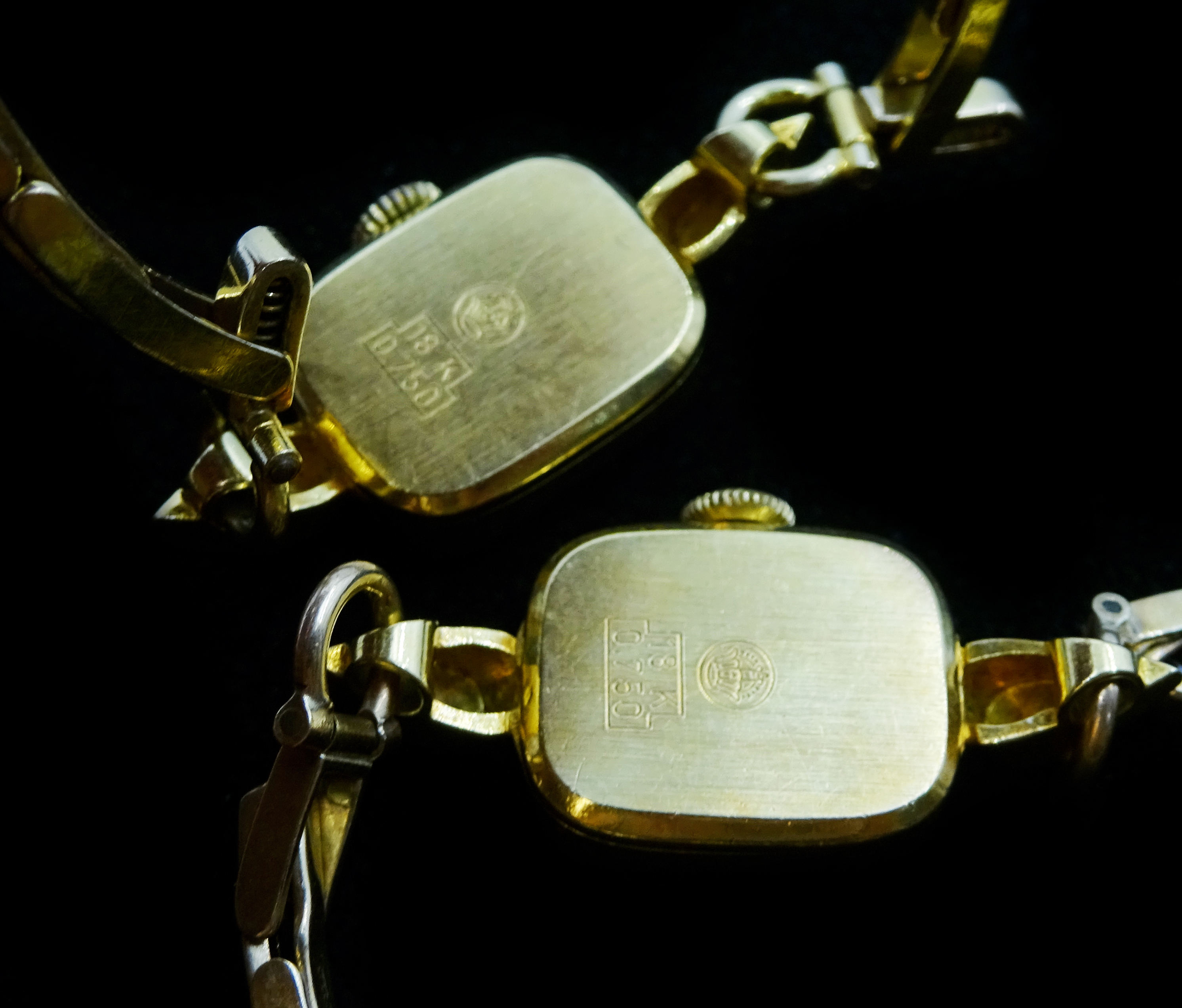 Two Rovada gold ladies wristwatches stamped 18K 750 on 9ct gold expanding link bracelets, - Image 3 of 3