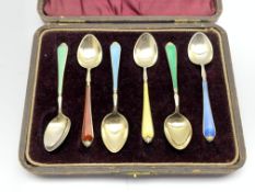 Set of six silver gilt and coloured enamel coffee spoons Birmingham 1958 Maker Adie Bros,