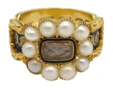 William IV 18ct gold In Memory Of split pearl, enamel and hair ring,