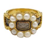 William IV 18ct gold In Memory Of split pearl, enamel and hair ring,